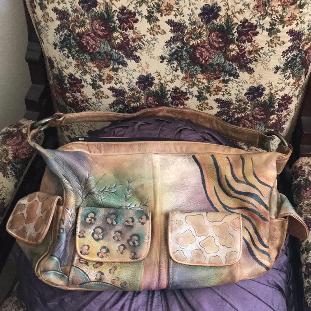 Anuschka signed hand painted leather shoulder bag /animal print
